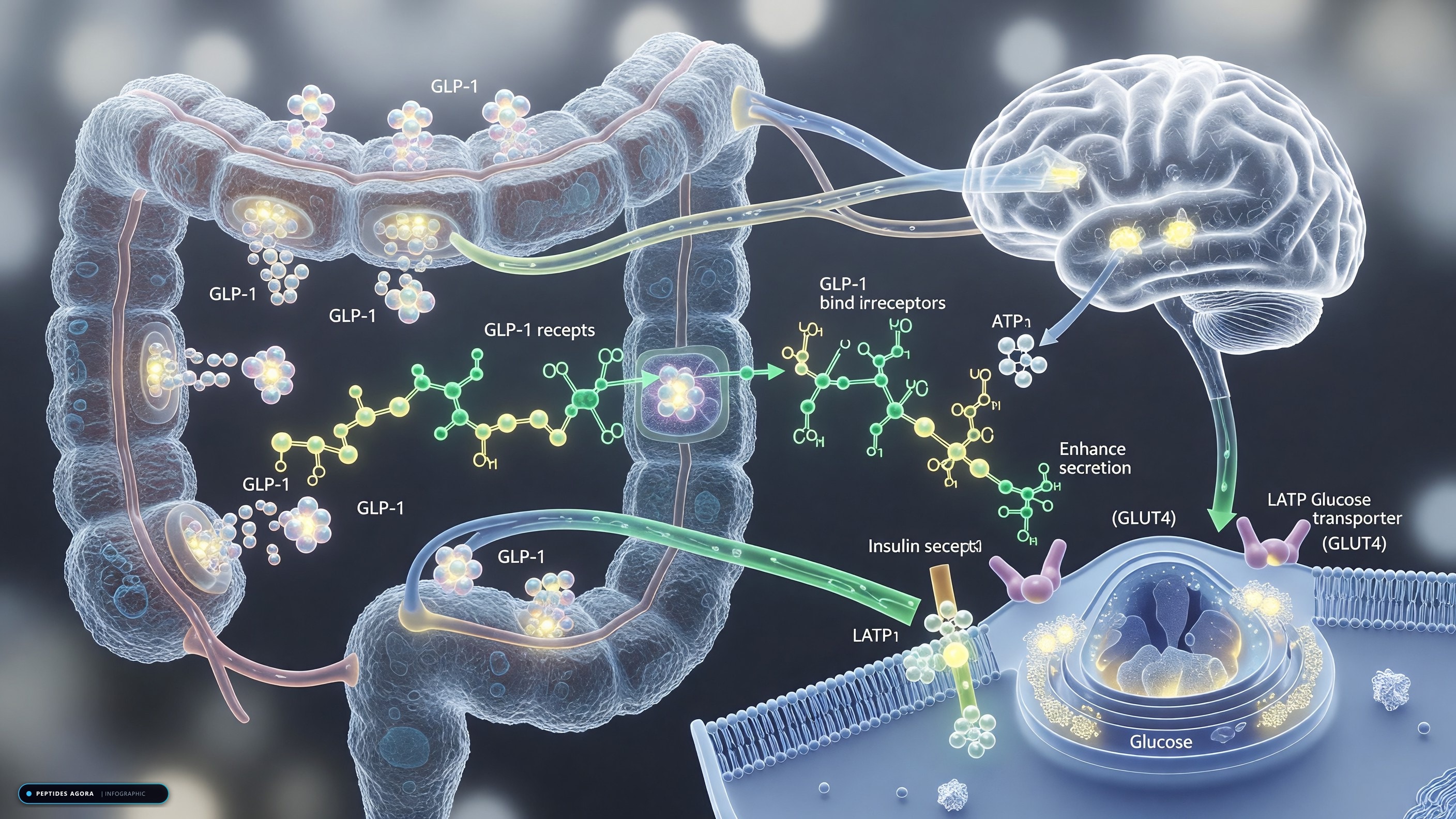 Gut-brain GLP-1 receptor signaling and metabolic pathway diagram for Eli Lilly Files Six Federal Lawsuits to Dismantle the Retatrutide 'Research-Use Only' Mark