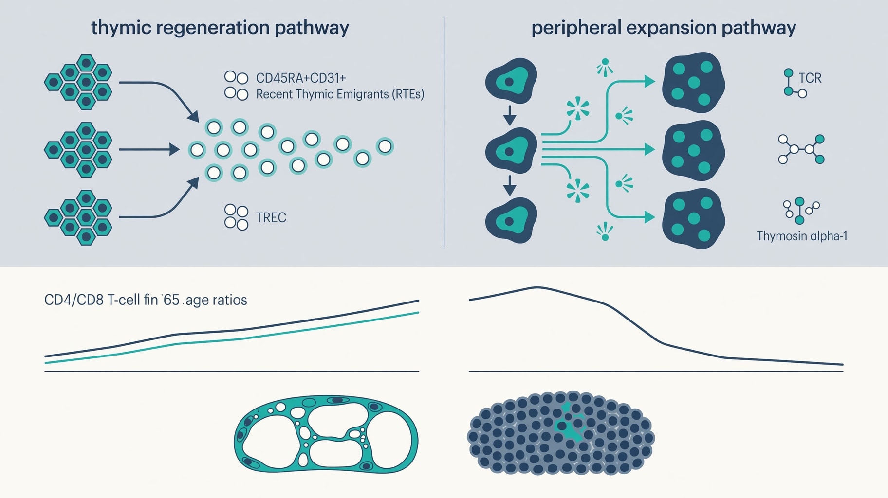 Scientific diagram and data graphic for Thymic Peptides in Immunosenescence: Distinguishing Regeneration from Expansion