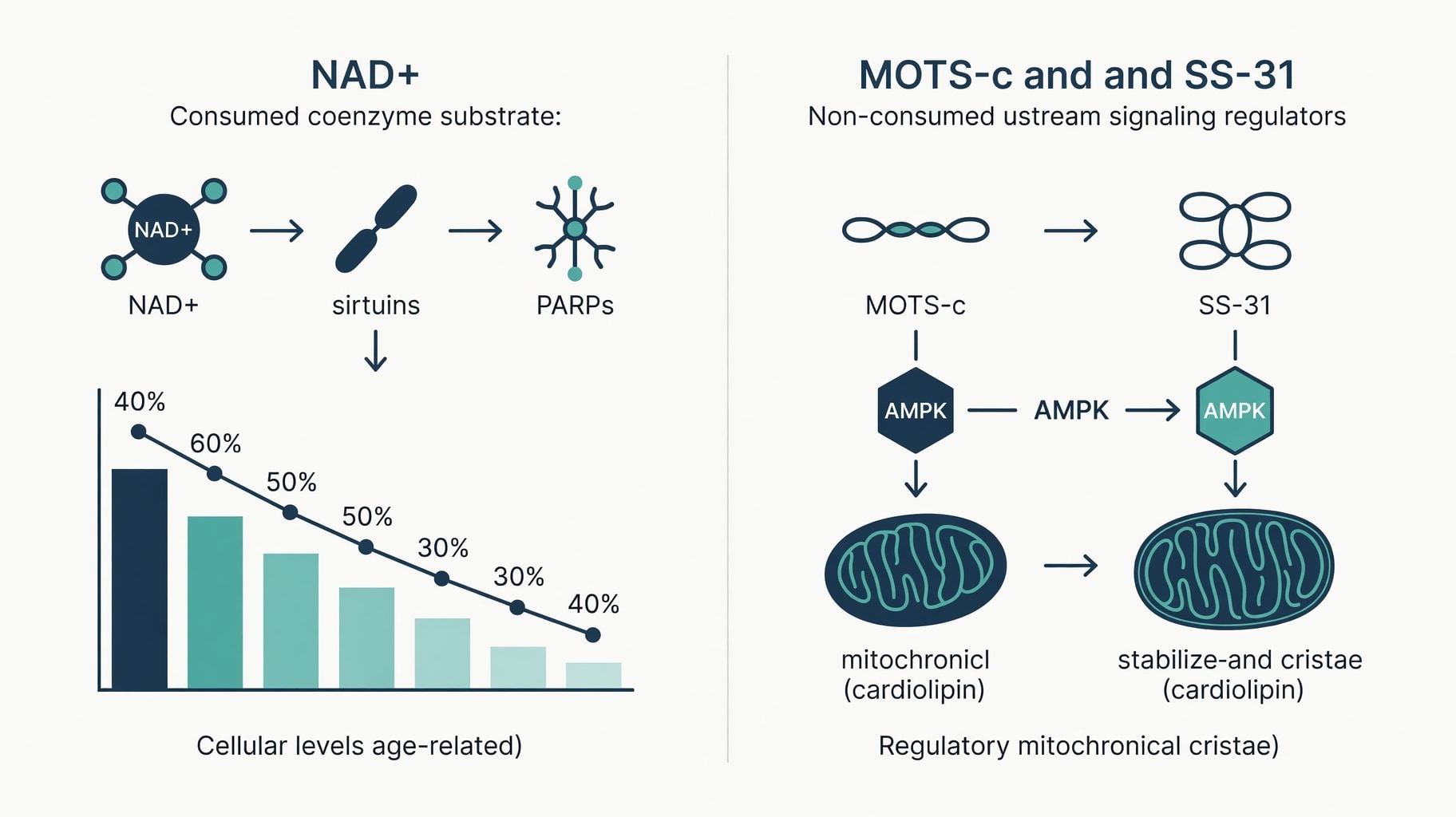 Scientific diagram and data graphic for NAD+ Precursors vs Mitochondrial Peptides: Regulatory and Biochemical Distinctions