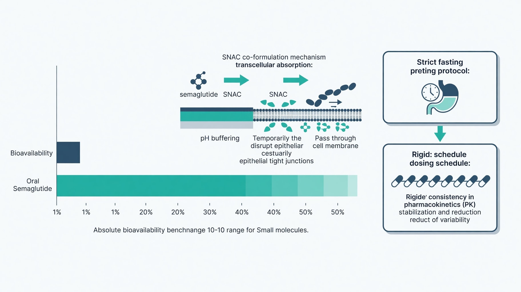 Scientific diagram and data graphic for Oral Peptide Bioavailability Is Defined by 1% Absorption and Strict Dosing Protocols