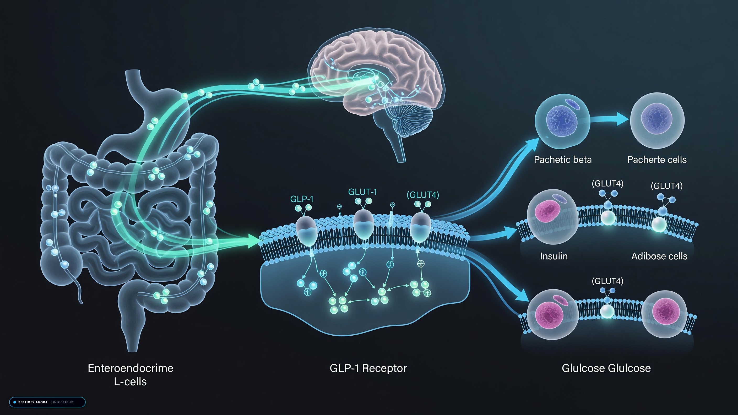 Gut-brain GLP-1 receptor signaling and metabolic pathway diagram for Why Oral Peptides Are Hard to Deliver