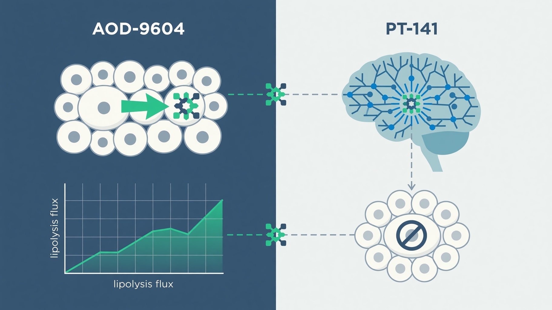 Scientific diagram and data graphic for AOD-9604 and PT-141: Divergent Lipolytic Mechanisms in Human Adipose Tissue